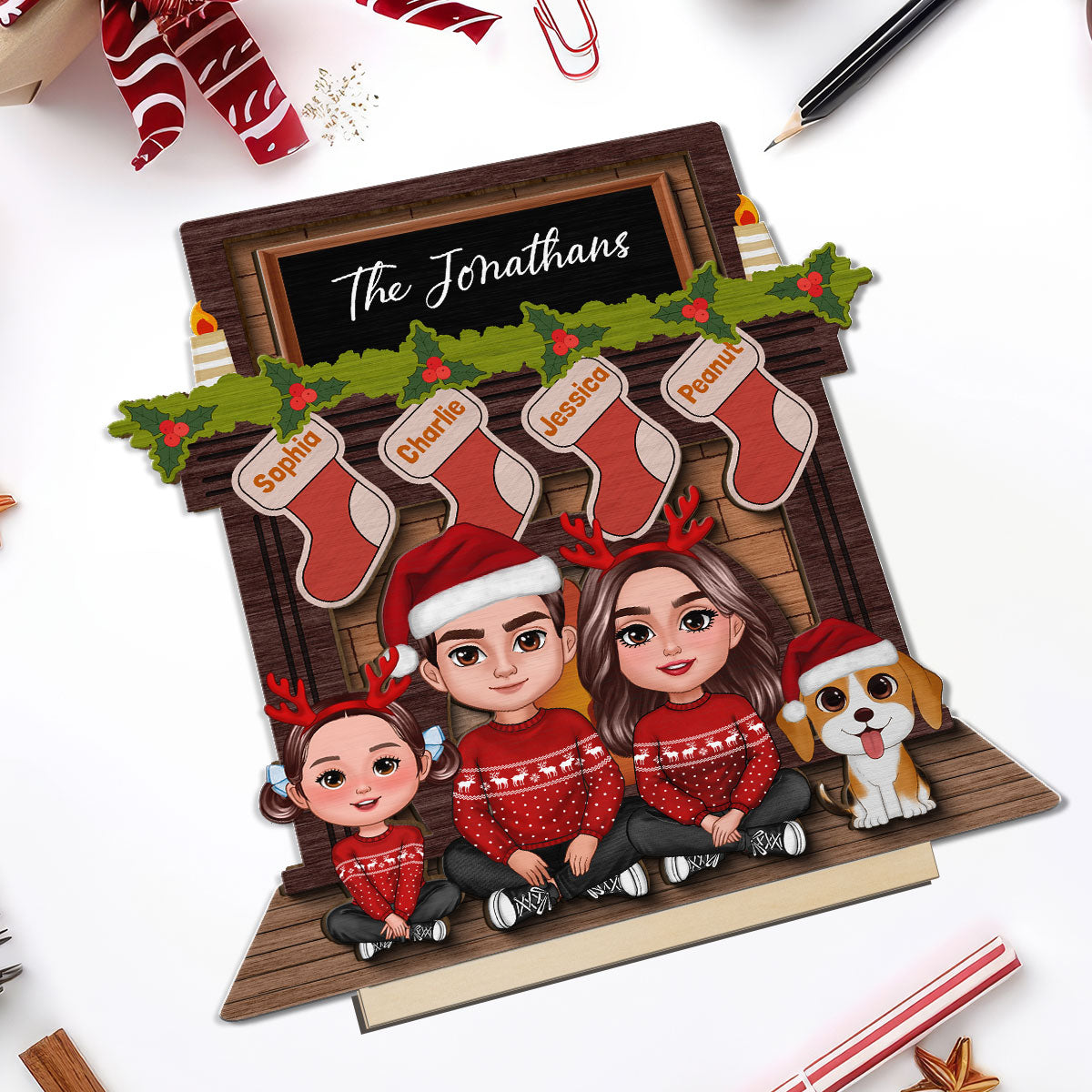 Whole Family Sitting At Christmas Fireplace Personalized 2-Layer Standing Wooden Plaque