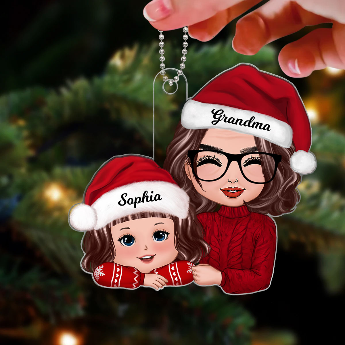 Grandma & Grandkid Chin On Hands Christmas Gift For Grandson Granddaughter Personalized Acrylic Ornament