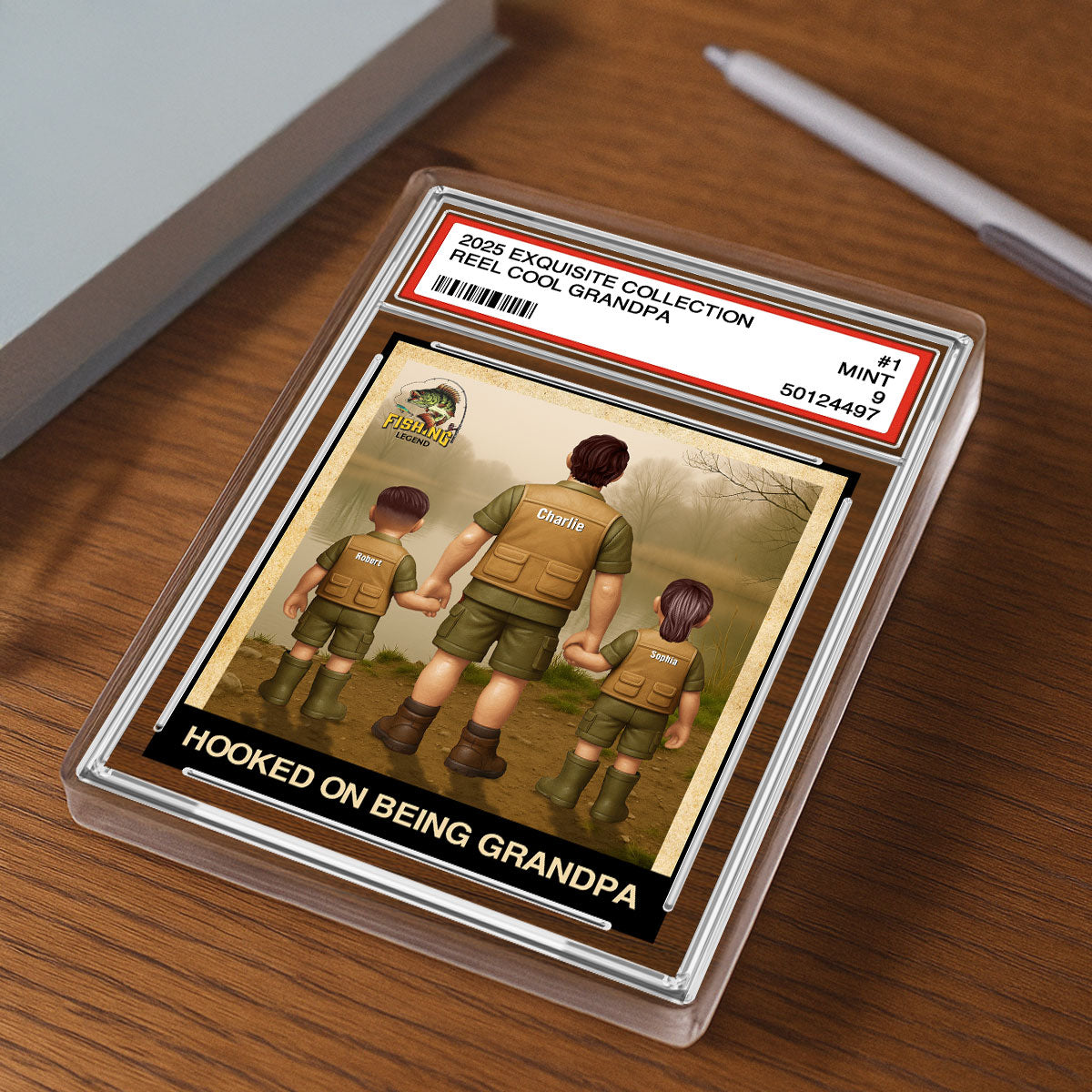 Fishing No. 1 Grandpa Dad Man & Kids Trading Card Style Personalized Acrylic Block Plaque