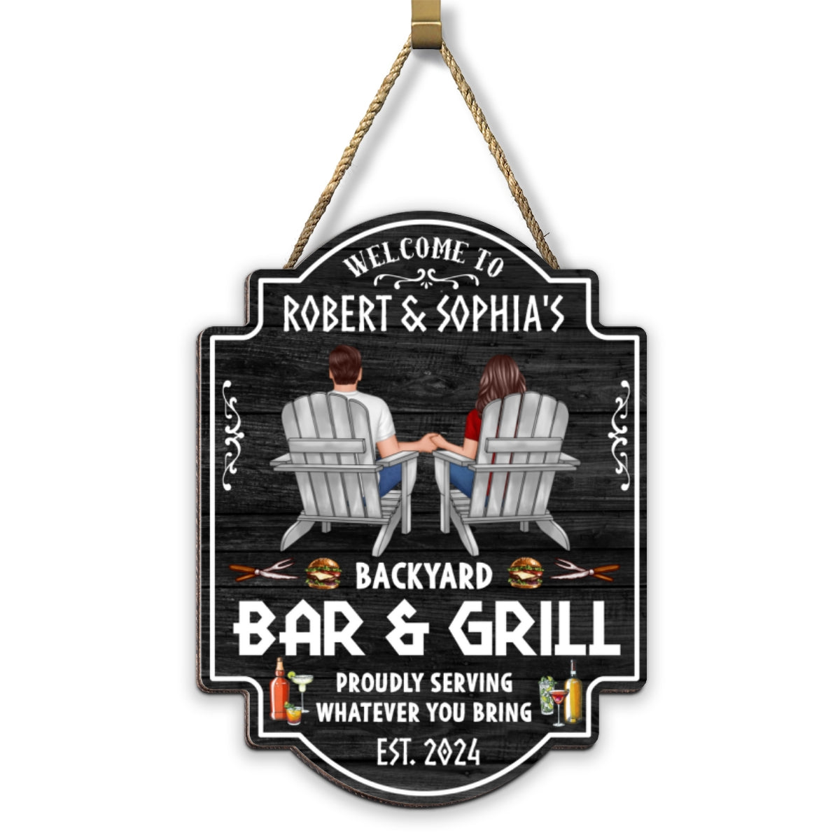 Backyard Bar & Grill Couple Sitting Personalized Wood Sign