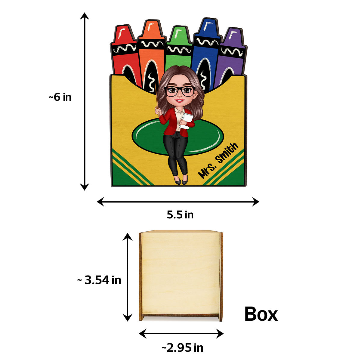 Doll Teacher Crayon Box Personalized Pen Pencil Holder, Back To School Gift