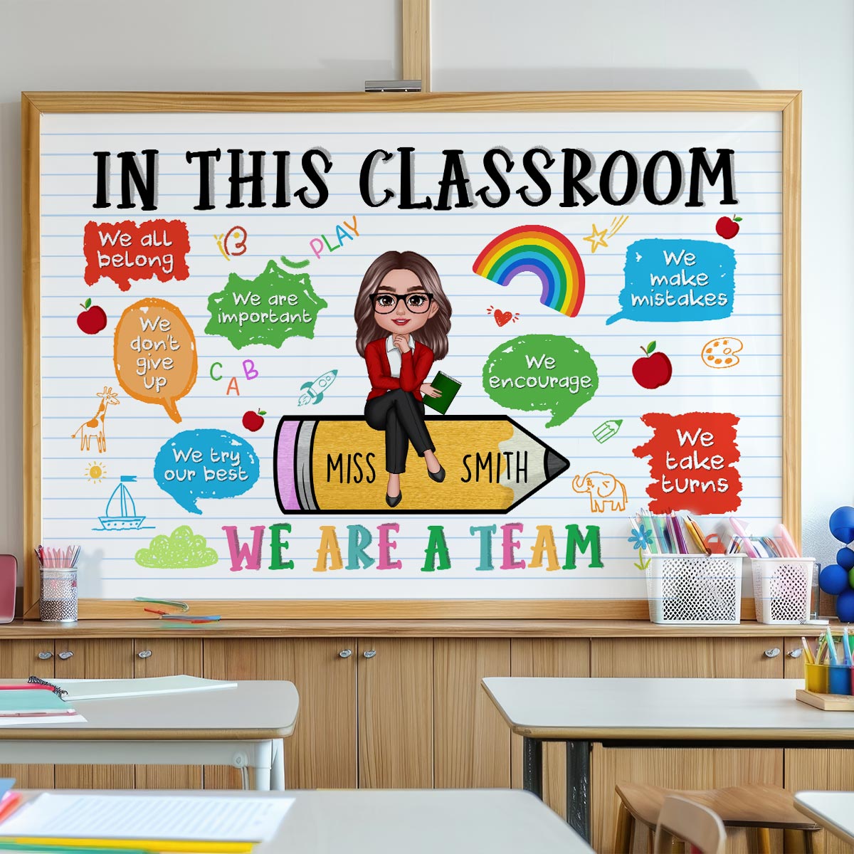 Teacher Sitting On Pencil Personalized Poster, Gift For Teacher, Appreciation Gift, Back To School, Teacher Classroom Decor