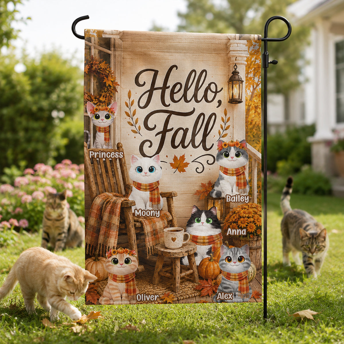 Hello Fall Cats Front Porch - Personalized Garden Flag - Fall Season Decor Gift, Gift For Cat Lovers