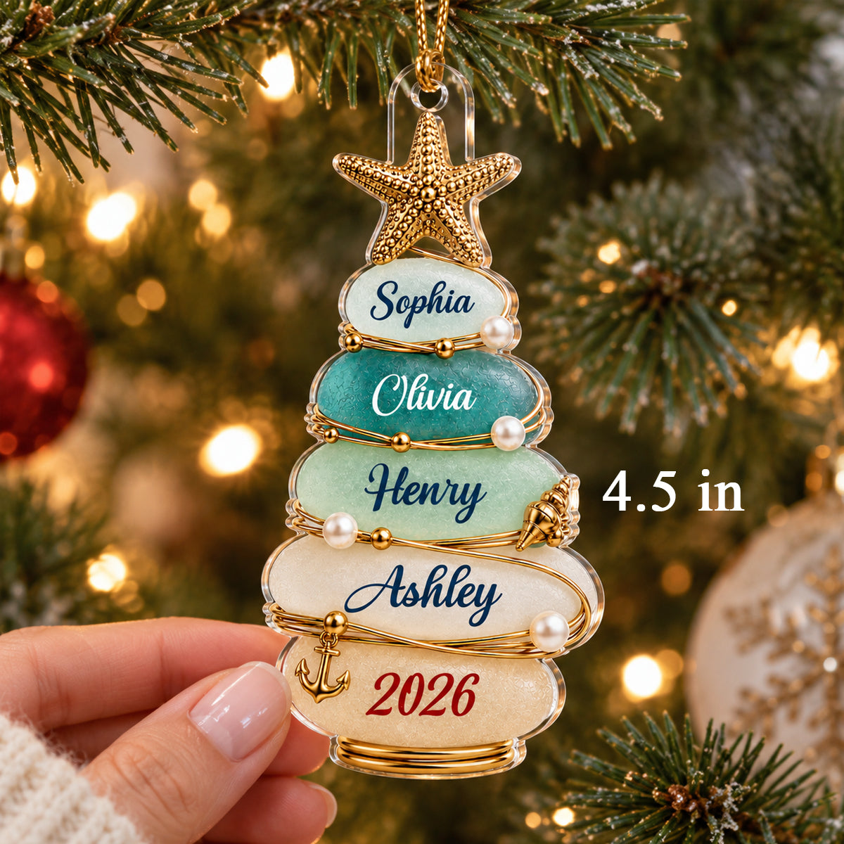 Custom Family Christmas Tree 2D Flat - Personalized Acrylic Ornament - Beach Coastal Keepsake, Grandkids Gift