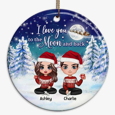 Doll Couple Sitting Under Moon Light In Christmas Night Personalized Circle Ornament