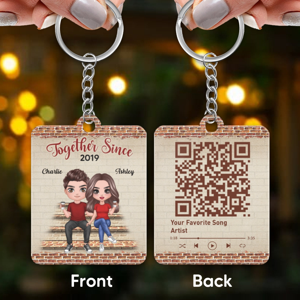 Brick Background Doll Couple Favorite Song Scannable QR Code Personalized Acrylic Keychain