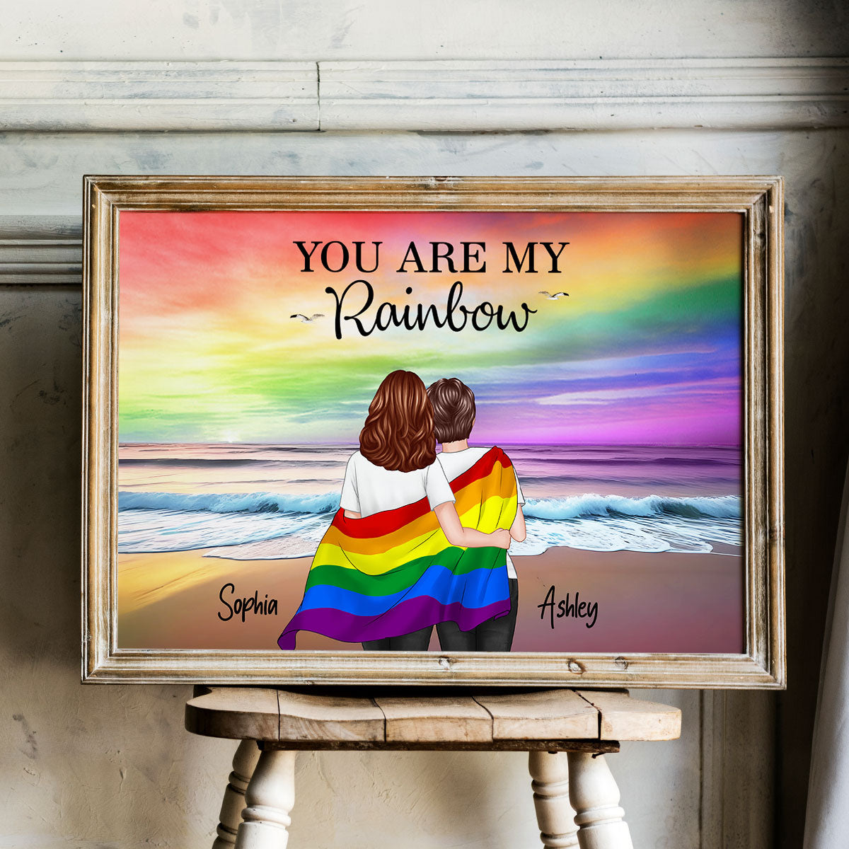 LGBTQ Couple Flag Beach Landscape Personalized Poster, Pride Month gift