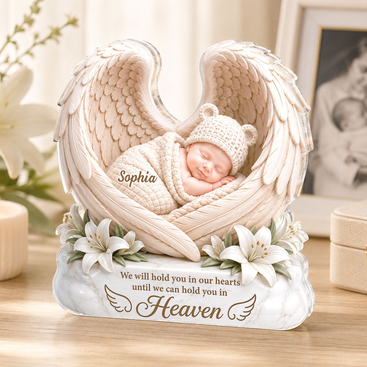 We Will Hold you in Our Hearts - Personalized Acrylic Block Plaque - Custom Infant Loss Gift, Miscarriage Baby Awareness Keepsake