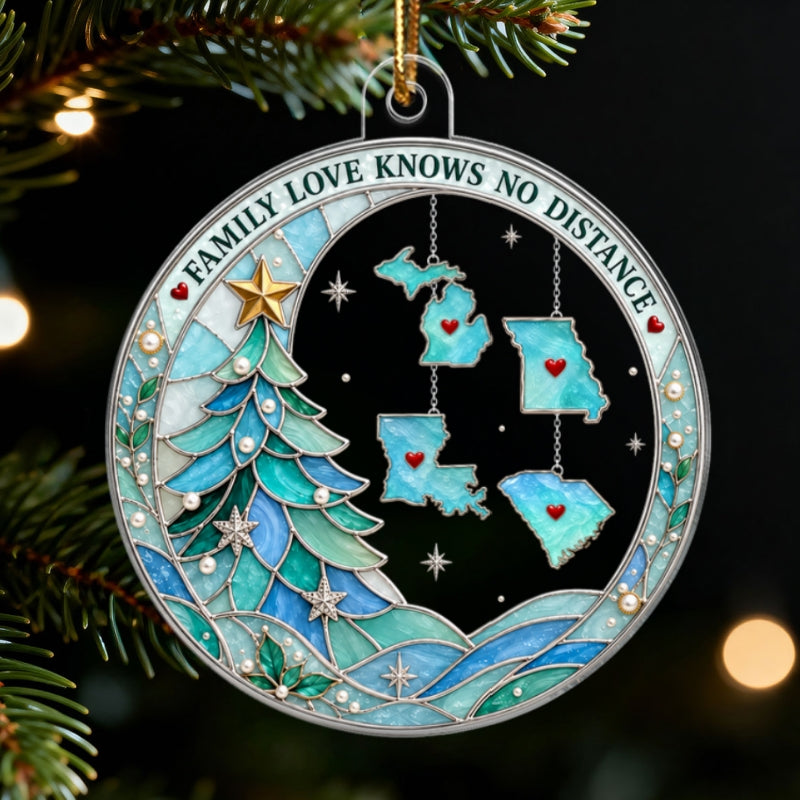 Stained Glass Family Love Knows No Distance Custom States - Personalized Acrylic Ornament - Long Distance Family Gift