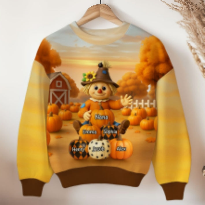 Fall Season Grandma Scarecrow Grandkids Pumpkins 3D Effect Personalized Sweatshirt