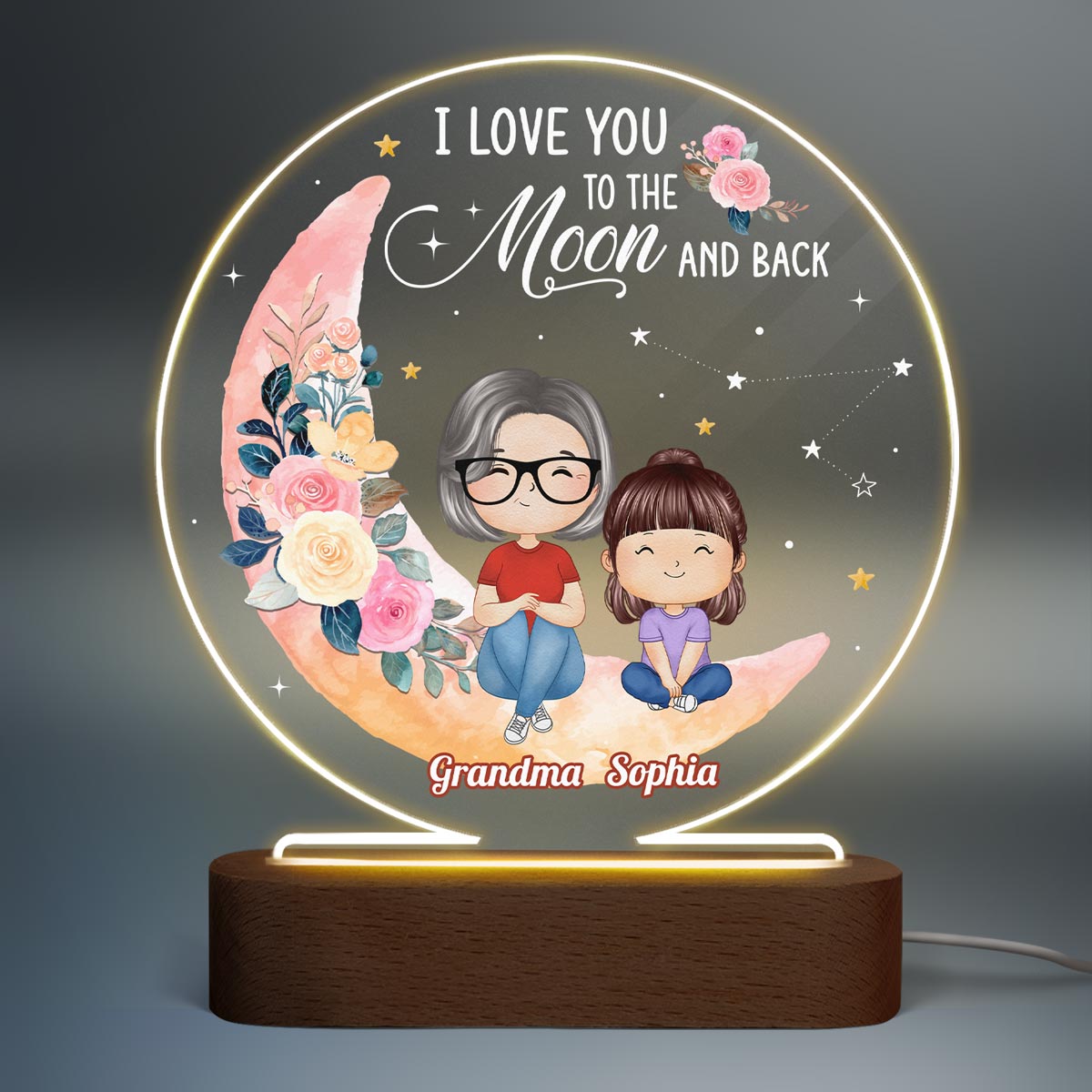 I Love You To The Moon And Back Moon Star And Flower Personalized Circle Acrylic Plaque LED Night Light