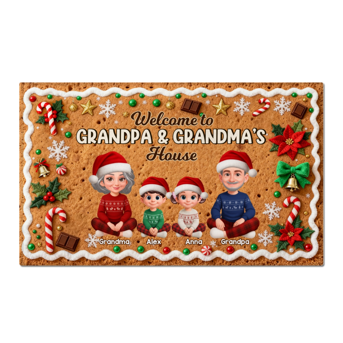 3D Effect Gingerbread Theme Welcome To Grandpa Grandma House Christmas - Personalized Doormat