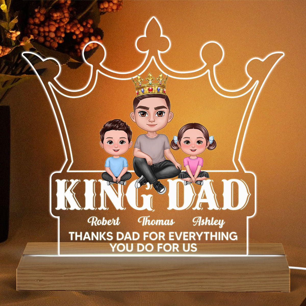 King Dad Doll Man And Kids Personalized Warm Acrylic Custom Shape LED Night Light