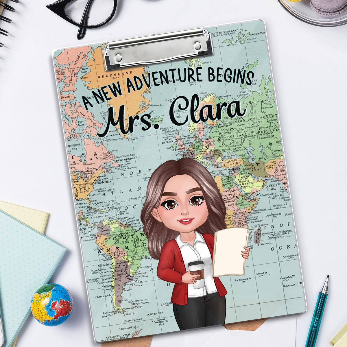 World Map Adventure Themed Teacher Personalized Clipboard, Back To School Gift For Teacher, Colleagues