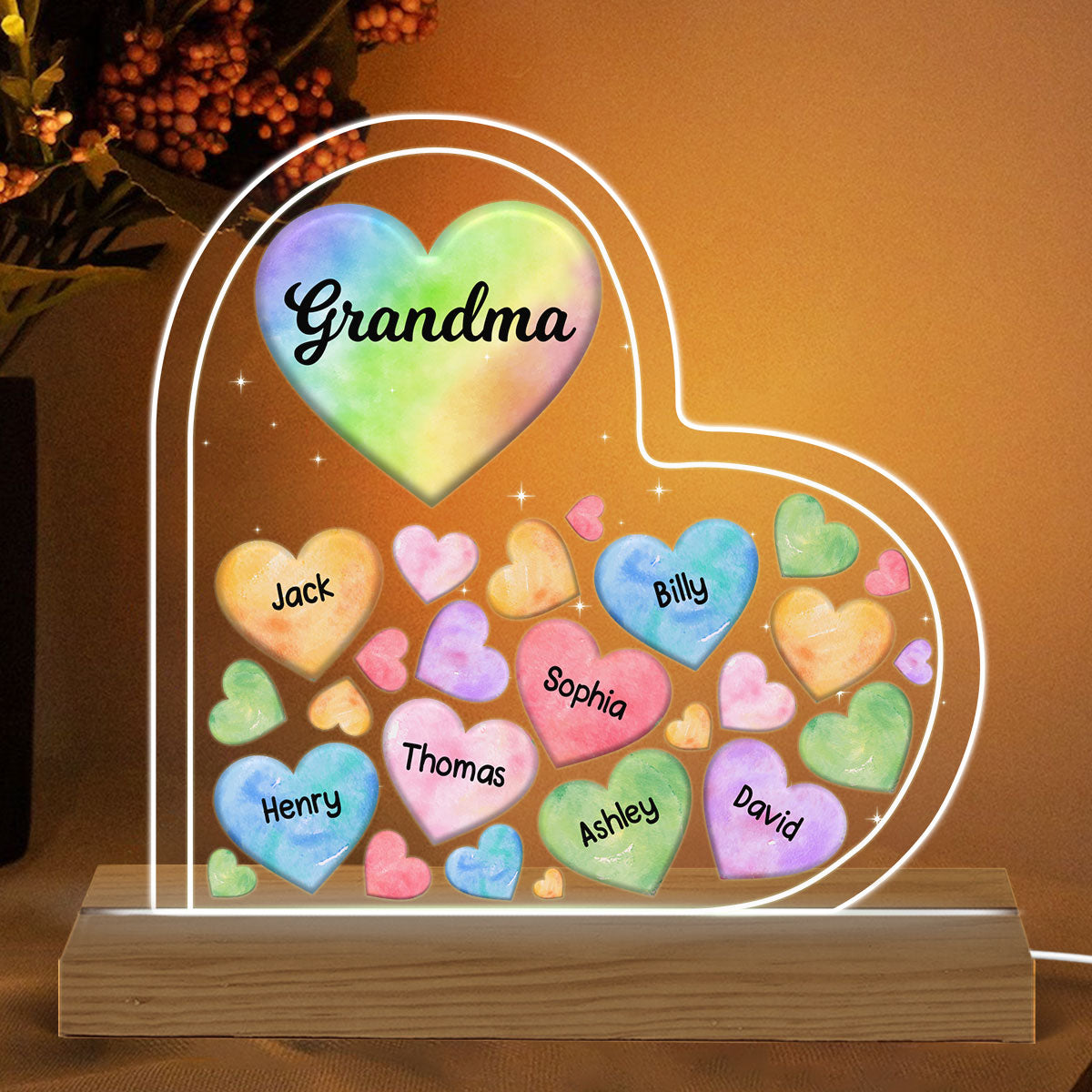 Grandma Mom Hearts In Heart Personalized Custom Shape Acrylic LED Night Light