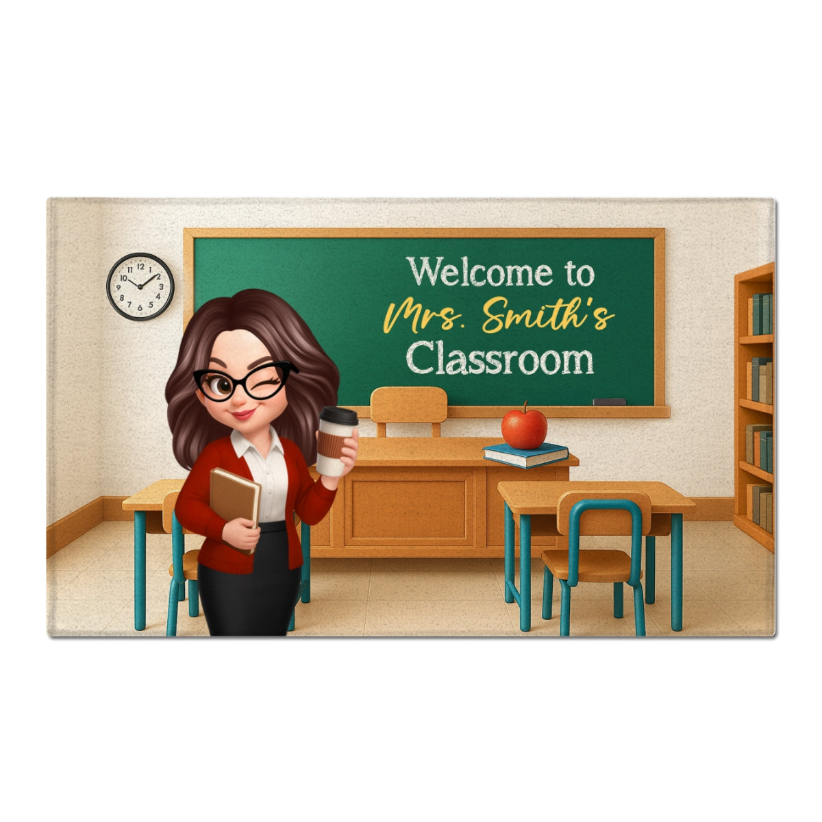 Pretty Teacher In Classroom 3D Effect Background Personalized Doormat, Back To School Decoration