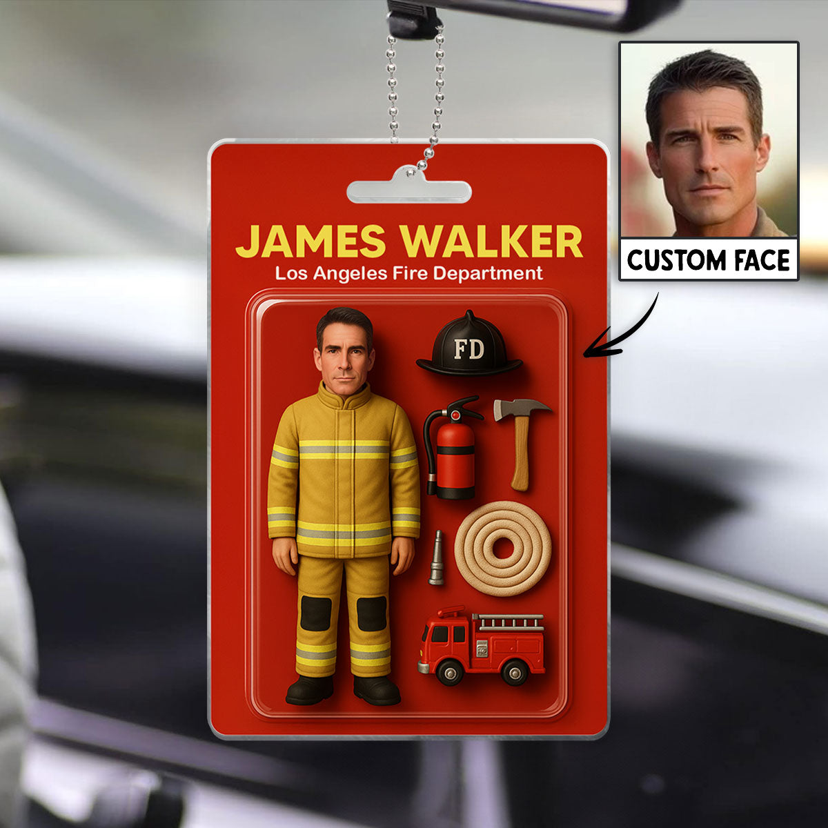 3D Effect Firefighter Custom Figure Personalized Flat Acrylic Car Hanger