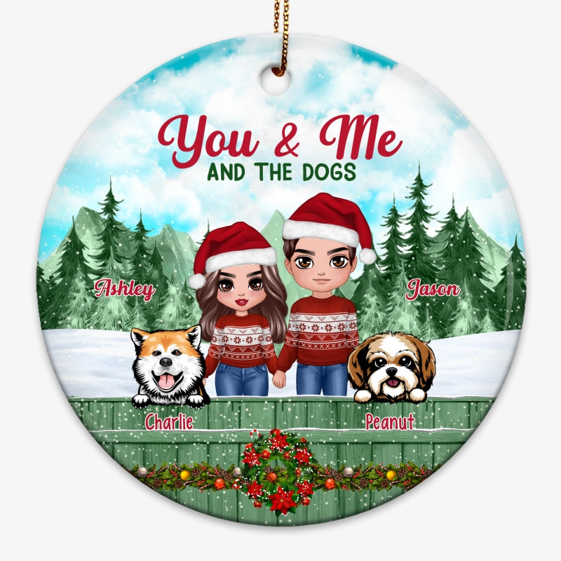 Couple And Dogs On Fence Christmas Personalized Circle Ornament