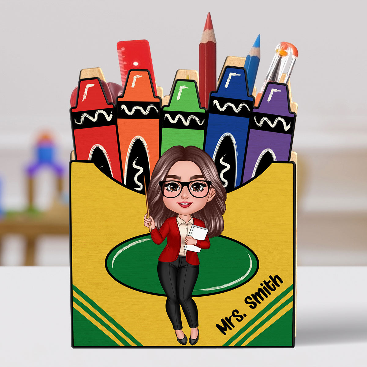 Doll Teacher Crayon Box Personalized Pen Pencil Holder, Back To School Gift