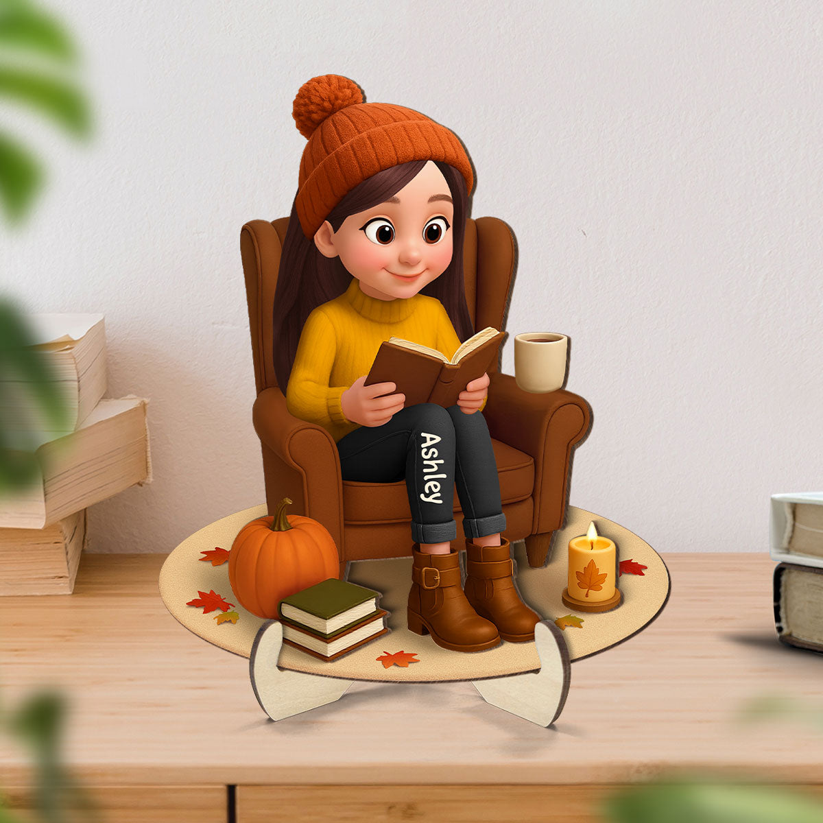 Fall Girl Reading Book On Armchair Personalized 2-Layer Wooden Plaque