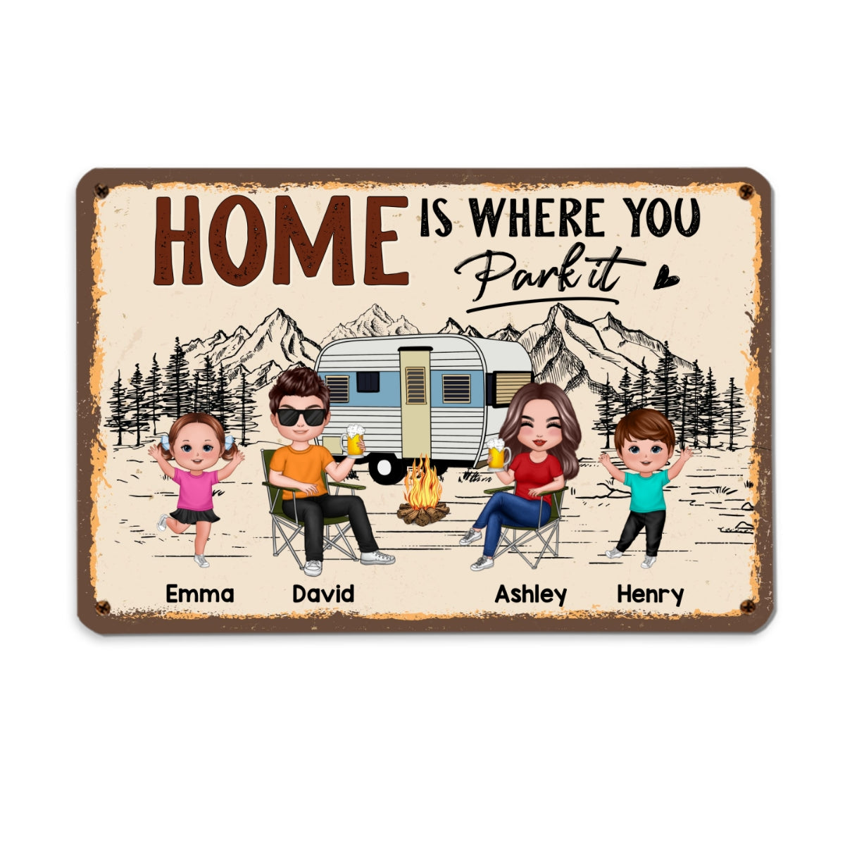 Outline Background Whole Family Doll Couple Dad Mom Kids Dogs Cats Camping Personalized Metal Sign