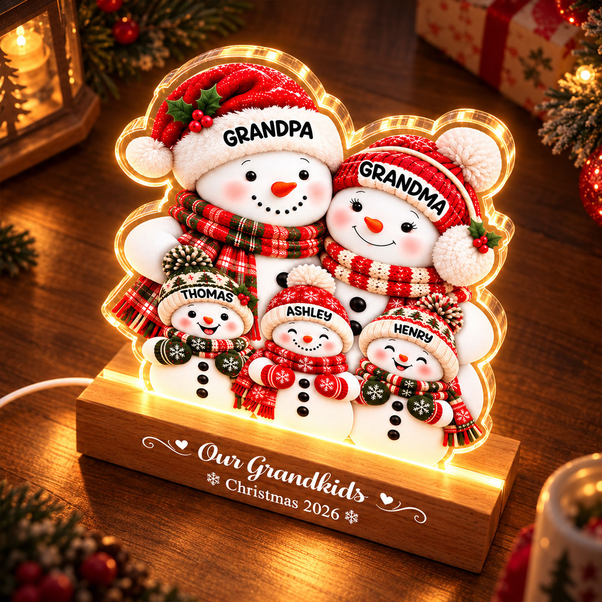 Cozy Warm Christmas Snowman Grandpa Grandma Grandkids - Personalized Acrylic Block LED Night Light - Christmas Decor For Grandparents