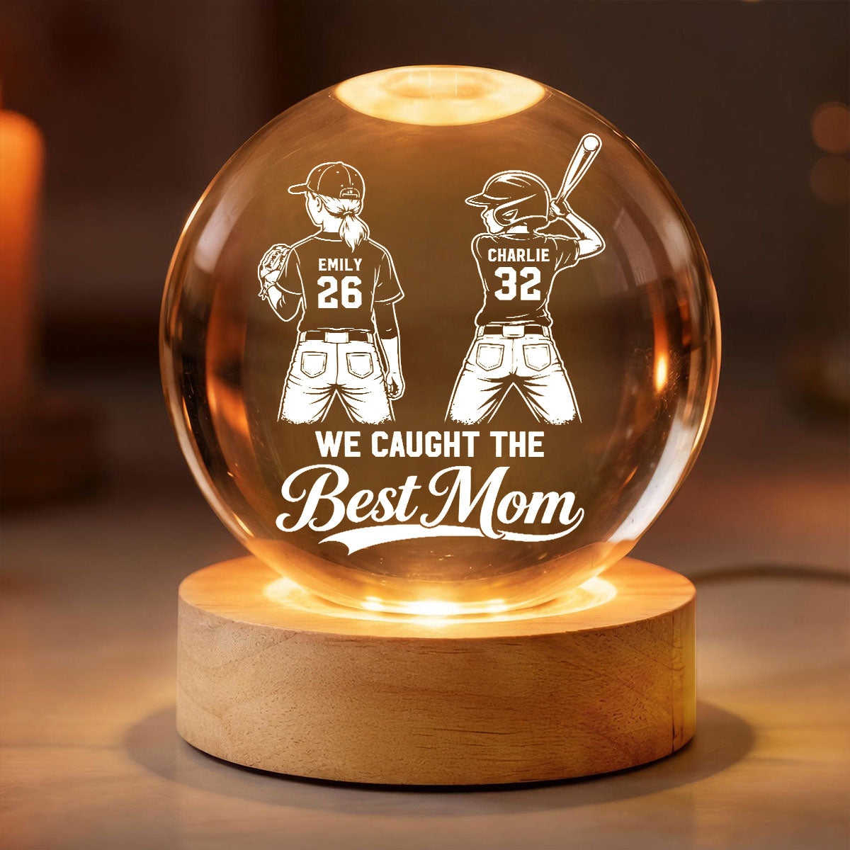 Baseball Players We Caught The Best Mom - Personalized Crystal Ball LED Night Light - Mother's Day Gift For Baseball Mom, Wife