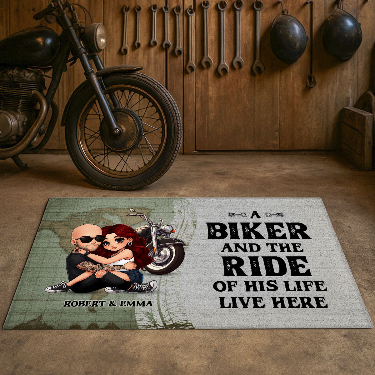 An Old Biker and the Ride of His Life Live Here Personalized Doormat, Custom Motorcycle Gift for Couples