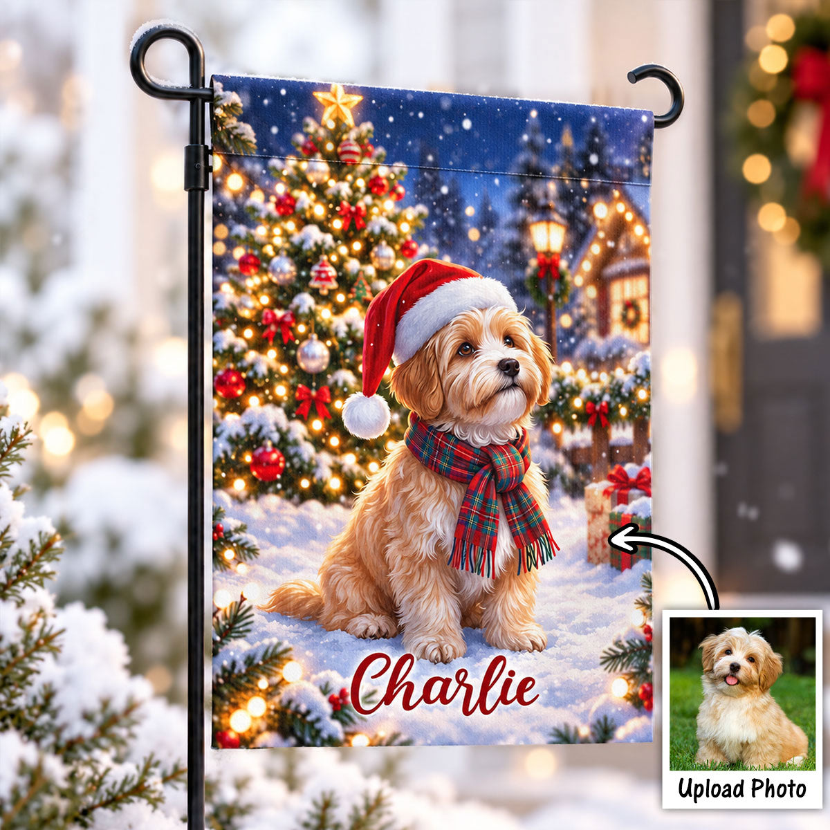 Winter Christmas Dog Cat Photo Upload - Personalized Garden Flag - Holiday Decoration For Dog Lovers, Cat Lovers