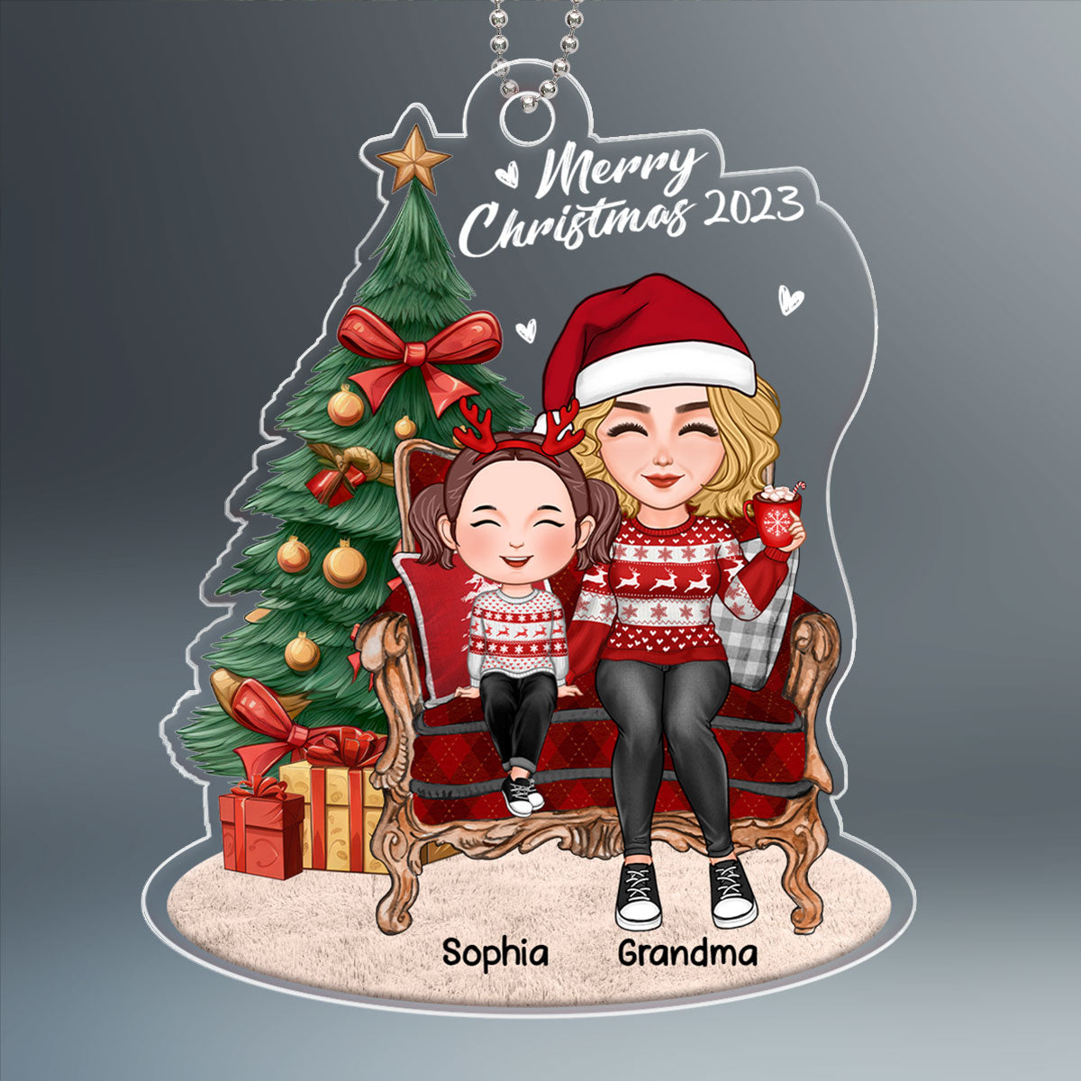 Grandma Grandkid Sitting On Chair By Christmas Tree Personalized Acrylic Ornament