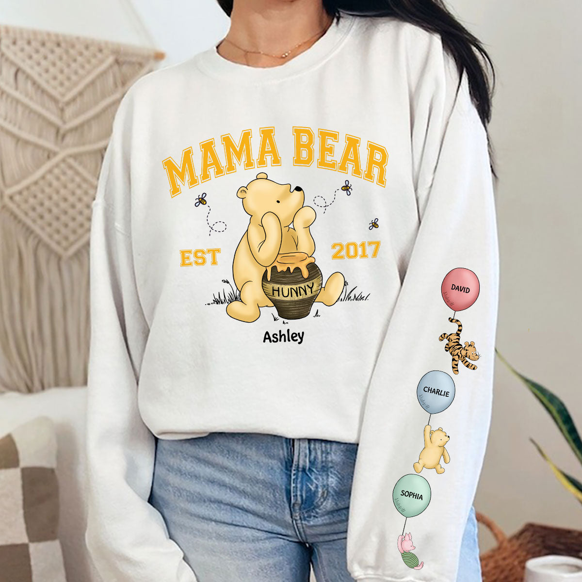Mama Bear Est. Cute Characters With Balloon Personalized Sleeve Printed Sweatshirt