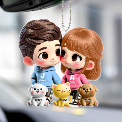 3D Effect Cute Cartoon Couple Holding Hands with Dogs Cats Personalized Acrylic Car Hanger, Anniversary &  Gift for him, Gift for her