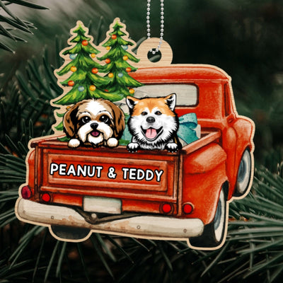 Peeking Dogs On Truck Christmas Personalized Wooden Ornament