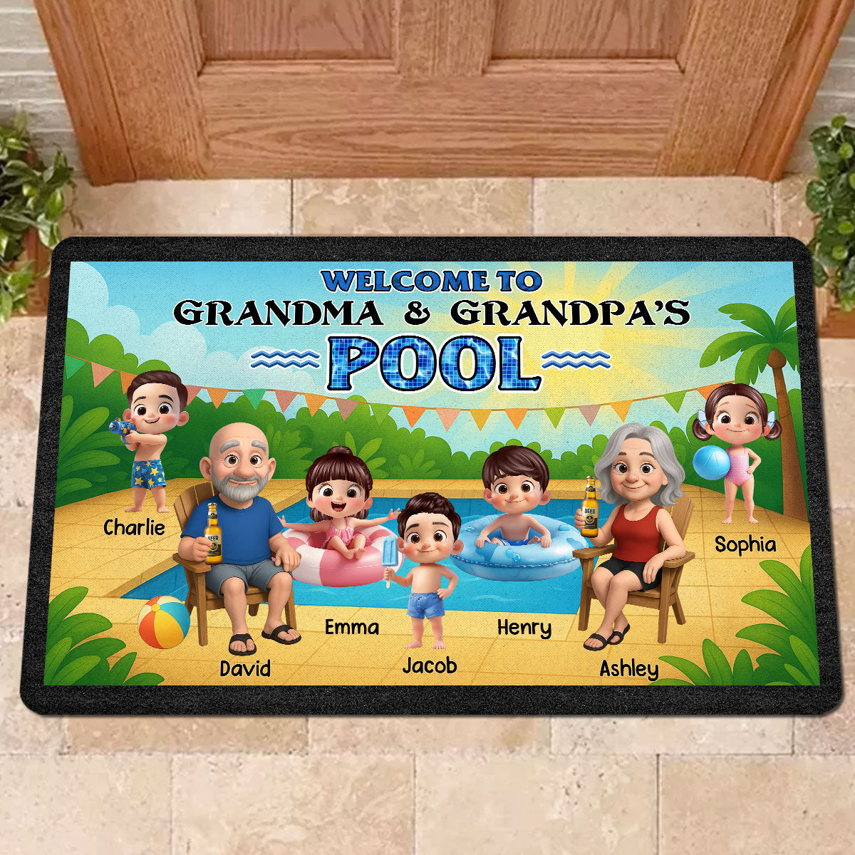Welcome to Grandparents Pool Personalized Non-Slip Doormat, Entryway Front Porch Farmhouse Summer Grandkids Welcome Mat