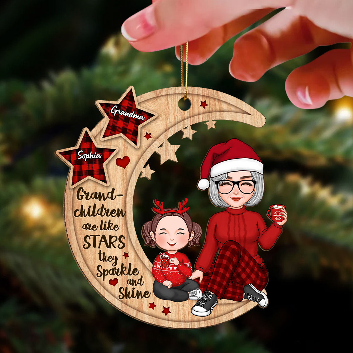 Grandchildren Are Like Stars Grandma Grandkids Sitting On Moon Personalized Wooden Ornament
