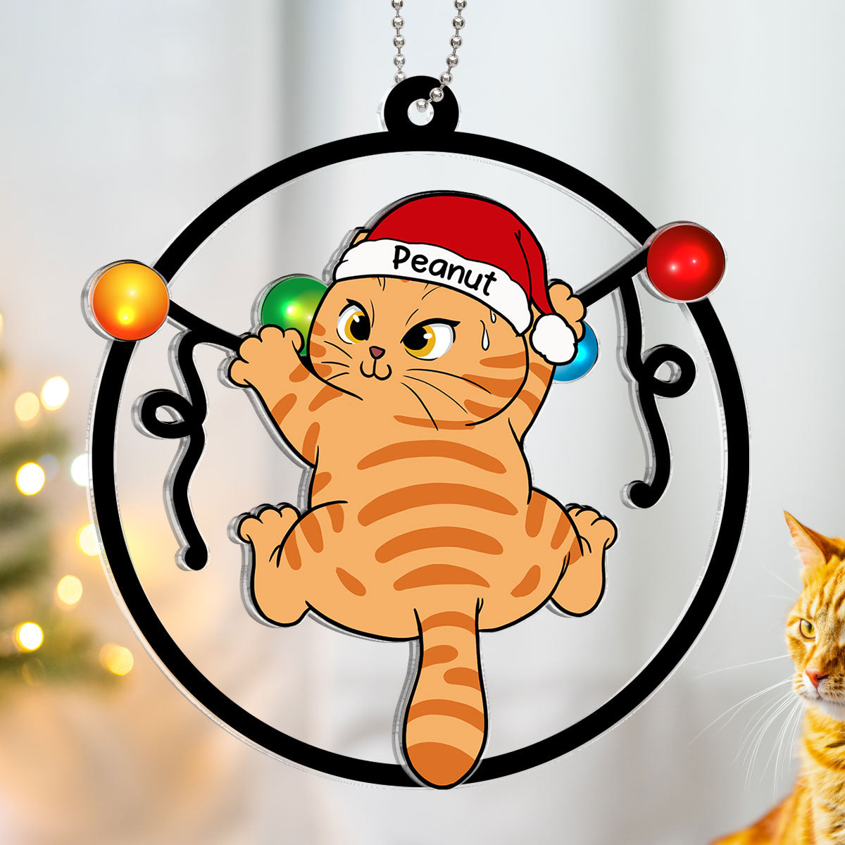Cat Swinging Christmas Lights Personalized 2-Layer Acrylic Ornament, Christmas Decoration