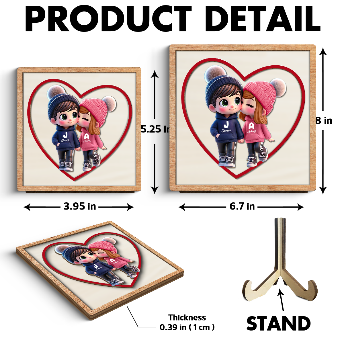 3D Effect Personalized Initials Heart Sign Personalized 2-Layered Wooden Plaque, Cute Cartoon Couple Walking, Tiered Tray Valentines Signs or Shelf Signs