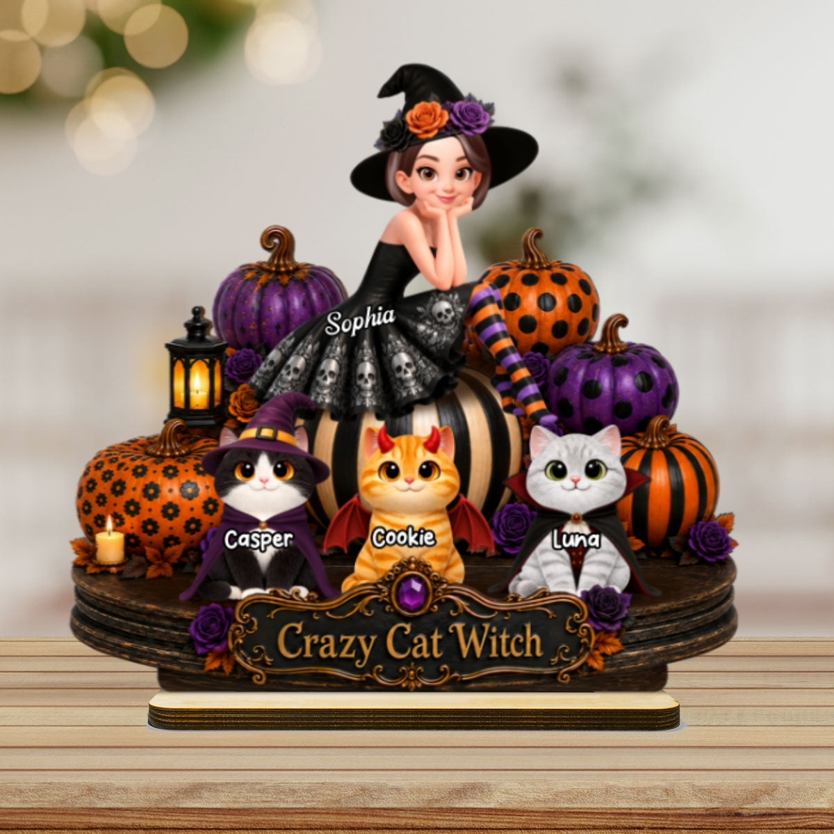 Pretty Cat Witch 2D Flat - Personalized Wooden Plaque - Halloween Decoration