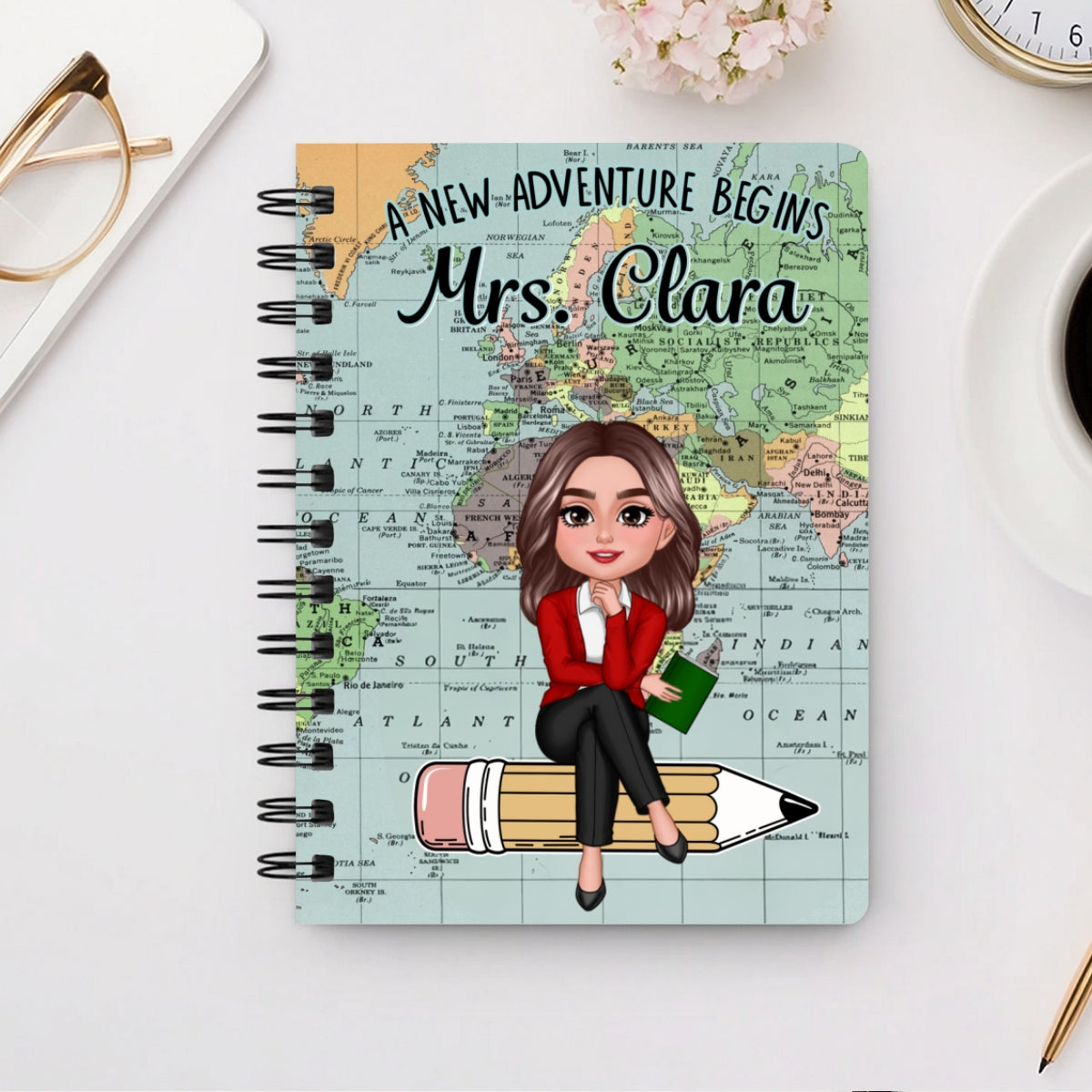 World Map Adventure Themed Teacher Sitting On Pencil Personalized Spiral Notebook Journal, Back To School Stationery
