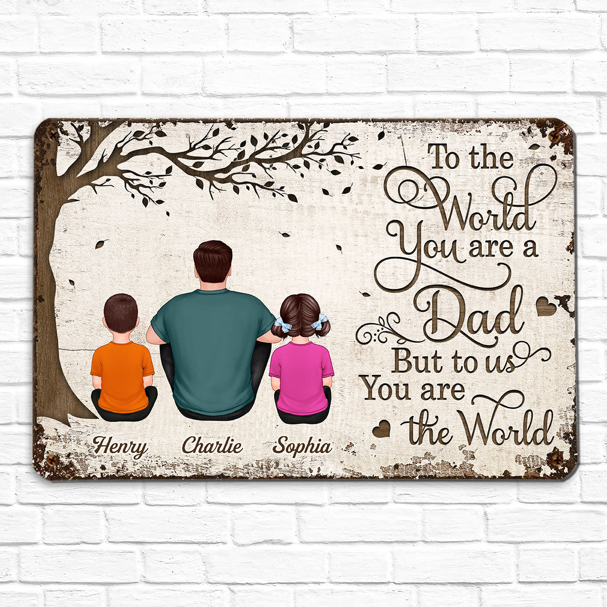 Back View Dad And Kids Dogs Cats Sitting Personalized Metal Sign