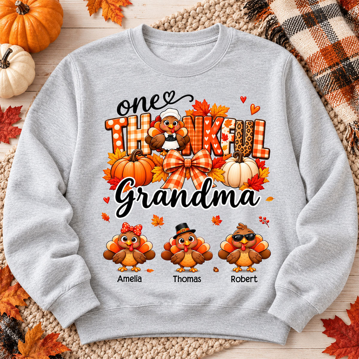 One Thankful Grandma Turkey Thanksgiving - Personalized Shirt - Gift For Mom, Grandma