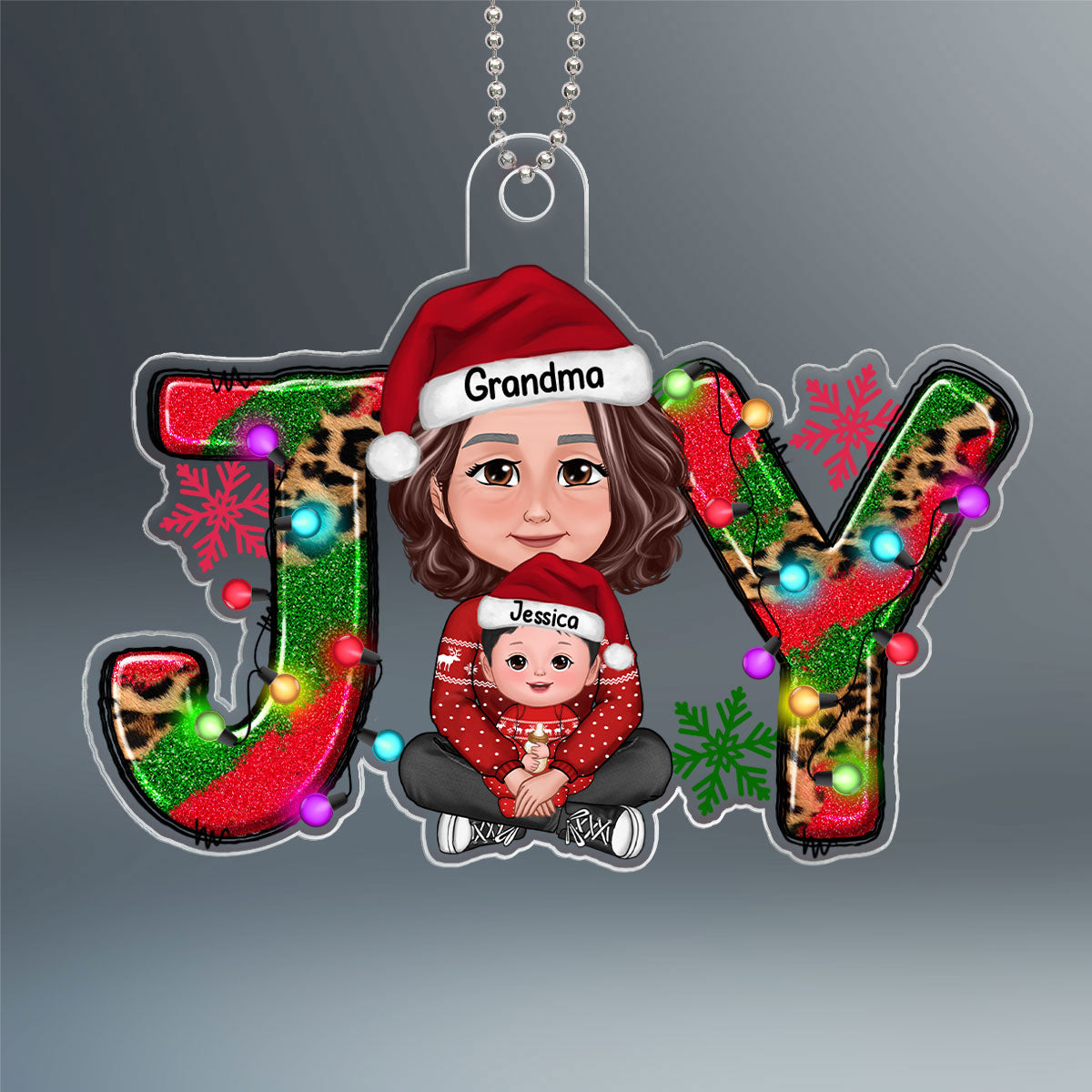 Joy Christmas Grandma & Grandkid Crossed Legs Personalized Acrylic Ornament