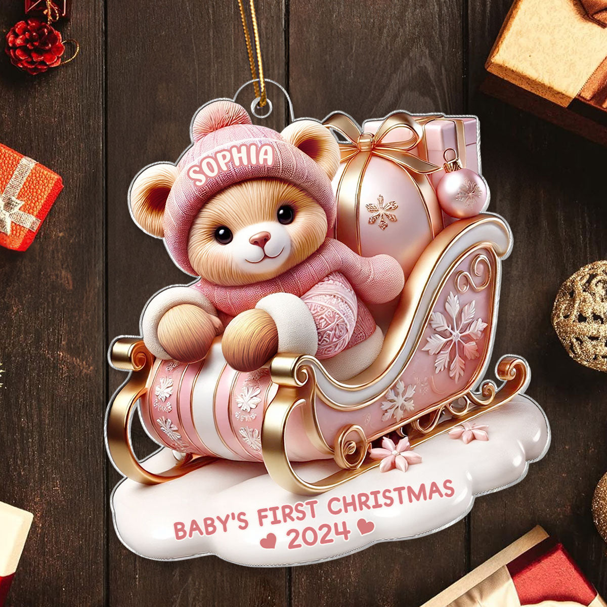 3D Effect Teddy Bear First Christmas Personalized Acrylic Ornament, Christmas Gift For Newborns, New Parents
