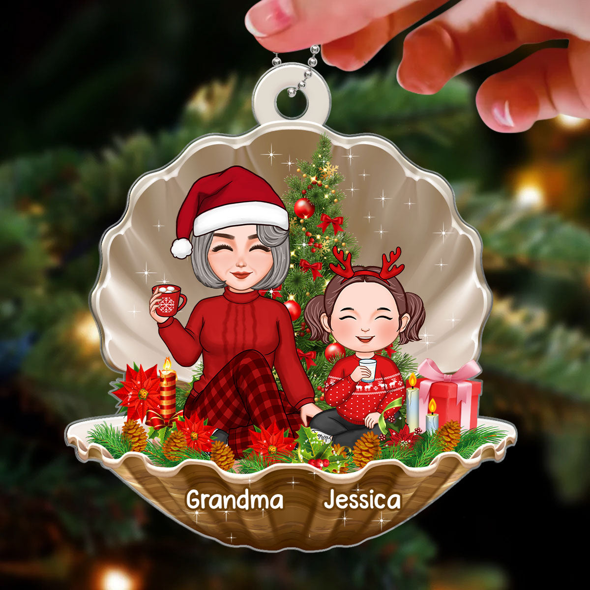 Cute Grandma Grandkids In Pearl Shell Personalized Christmas Acrylic Ornament