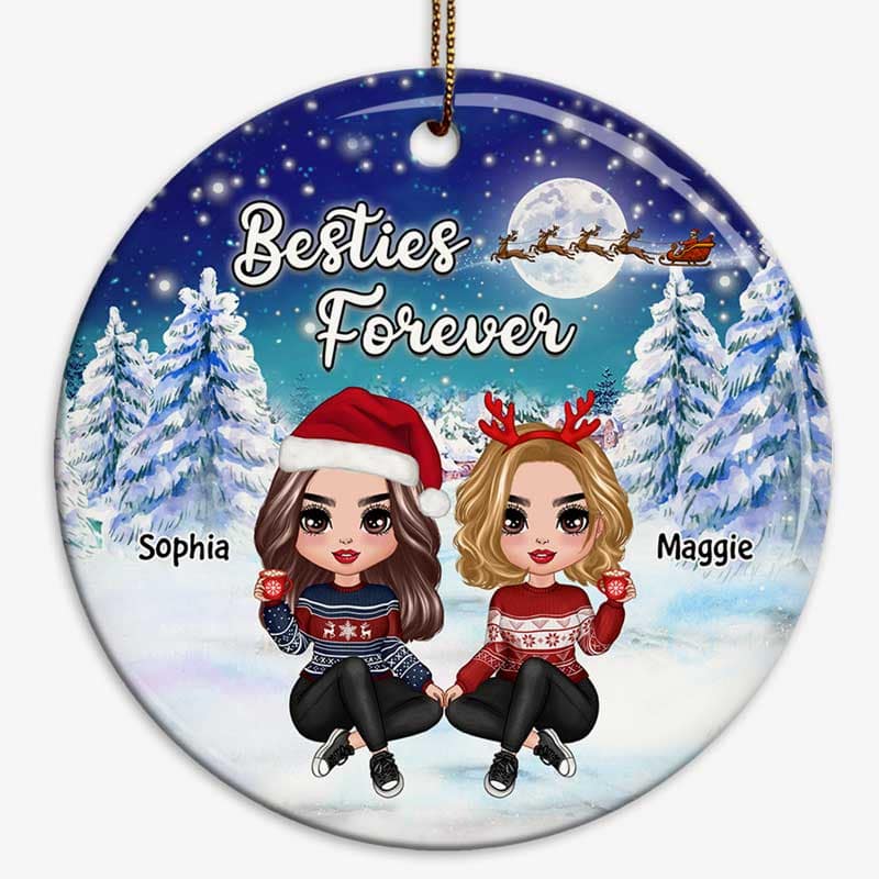 Doll Besties Sisters Under Moon Light In Christmas Night Personalized Circle Ornament