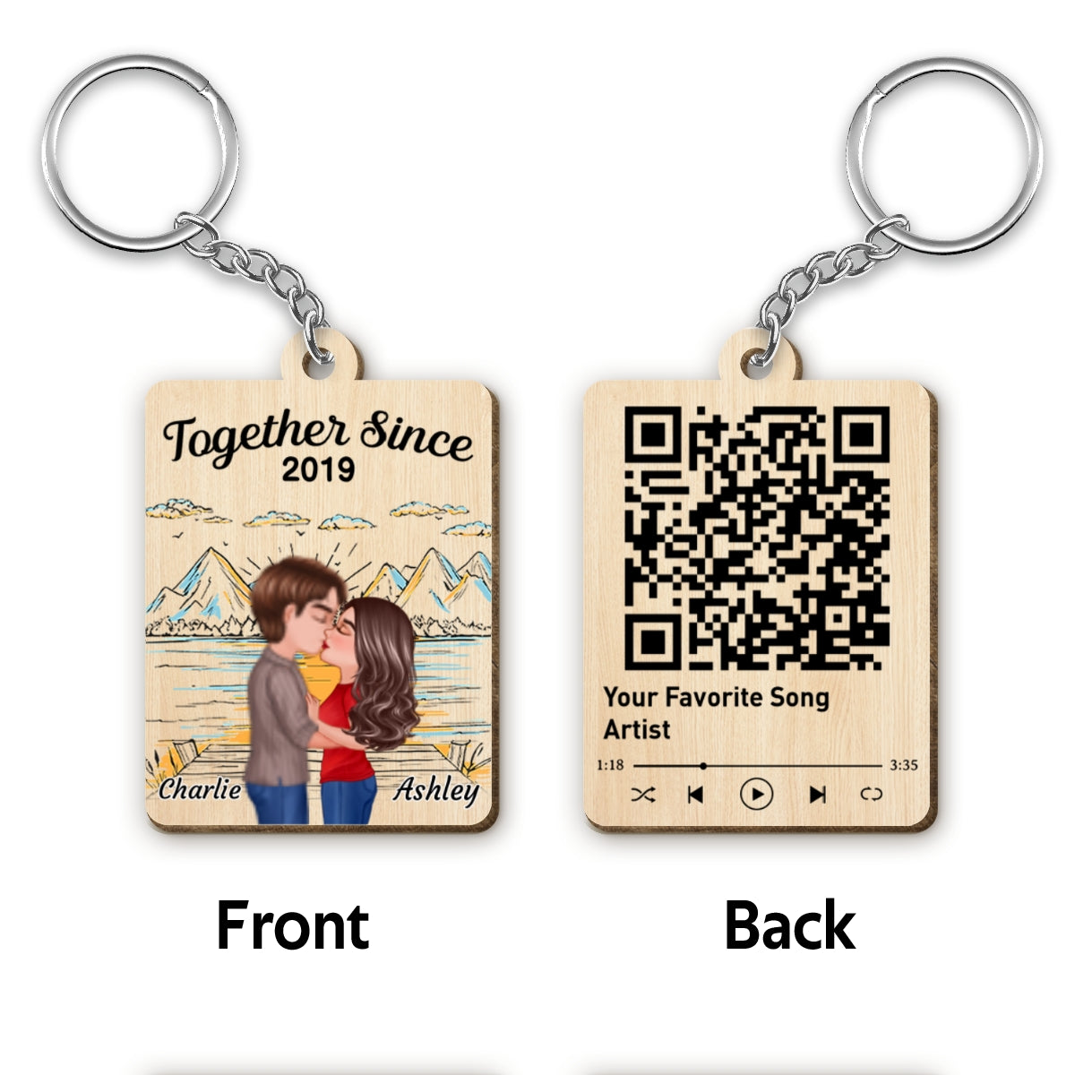 Mountain Sketch Doll Couple Kissing Favorite Song Scannable QR Code Personalized Wooden Keychain