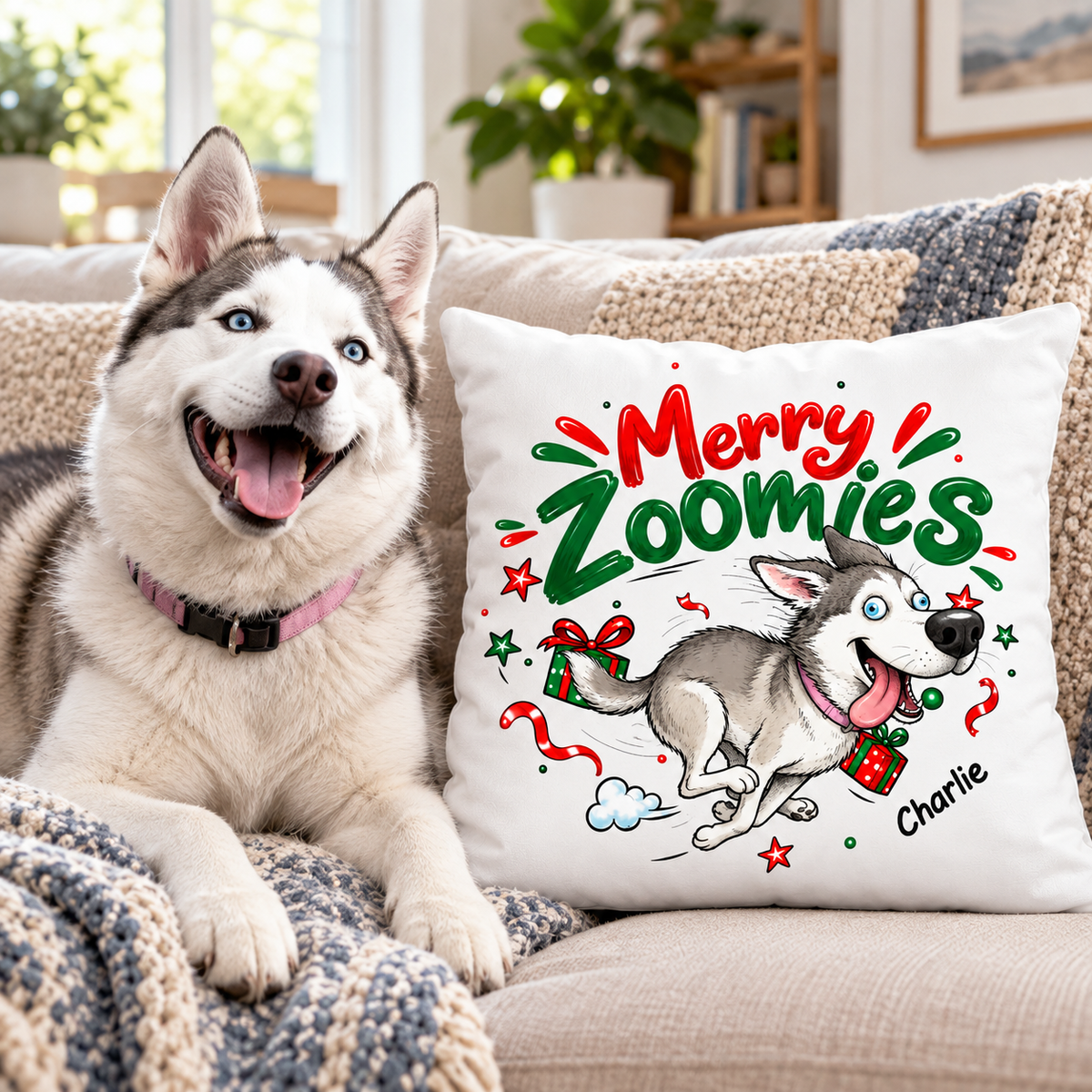 Merry Zoomies Quirky Dog Portrait From Your Custom Pet Photo - Personalized Pillow - Funny Christmas Gift For Dog Lover