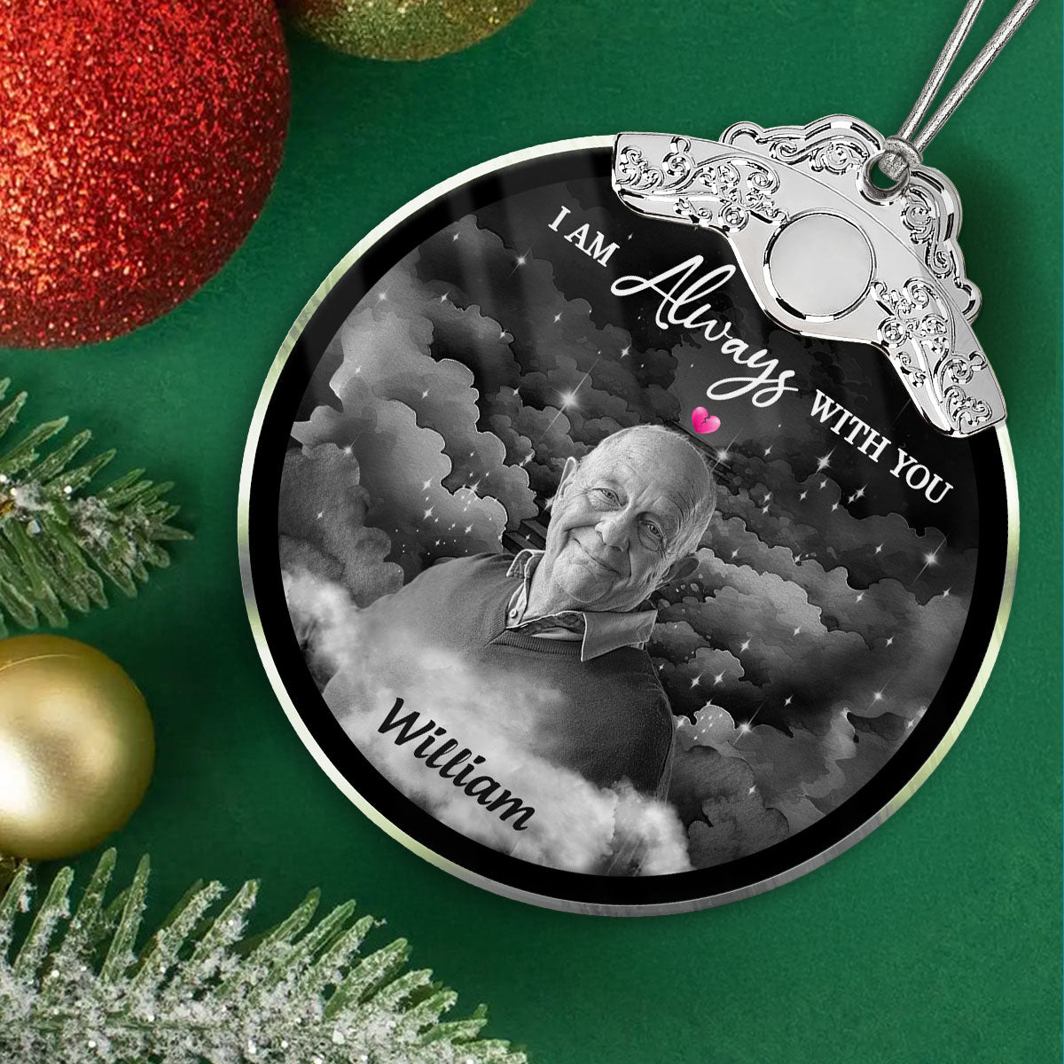 I Am Always With You Memorial Photo Christmas Family Remembrance - Personalized Glass Ornament With Silver Cap