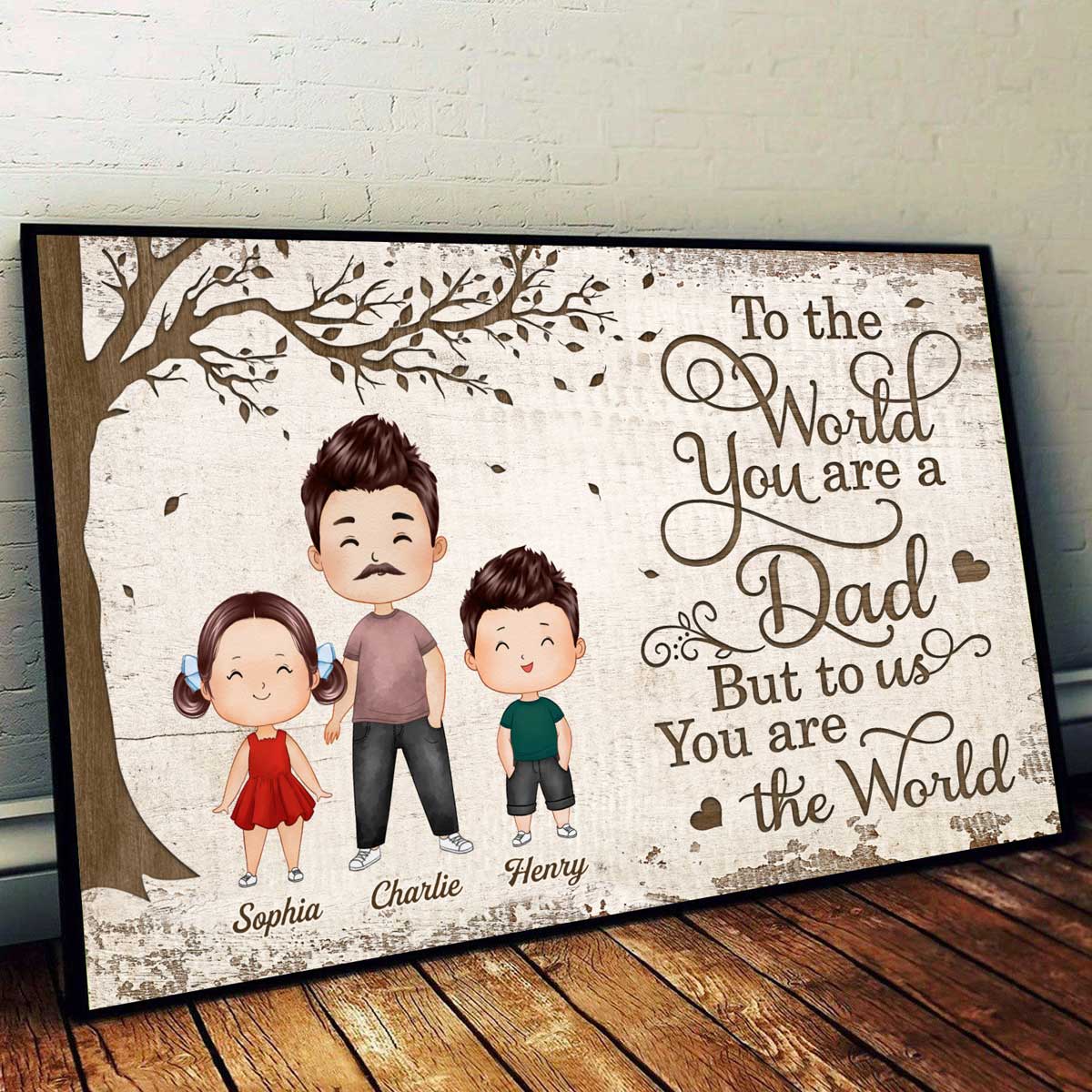 Watercolor Style Doll Dad And Kids Dogs Cats Under Tree Personalized Horizontal Poster