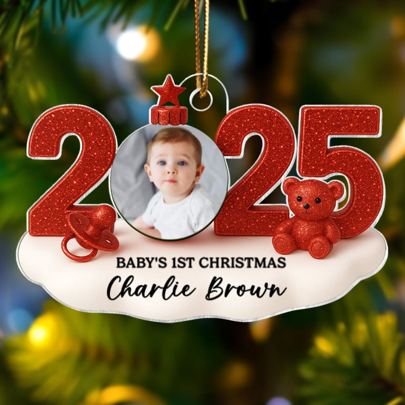 Baby Photo 2025 First Christmas 3D Glitter Effect - Personalized Acrylic Ornament - Christmas Gift for New Parent, Newborn Keepsake